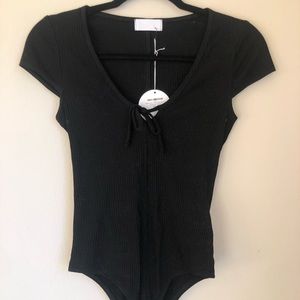 NWT Black Body Suit with Keyhole Tie & Cap Sleeves